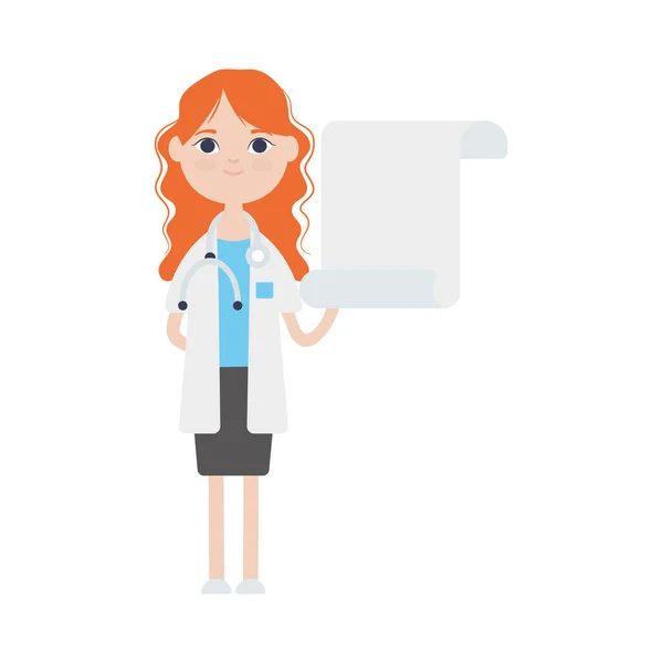 Mujer doctora de dibujos animados con icono de tablero en blanco, estilo plano — Vector de stock