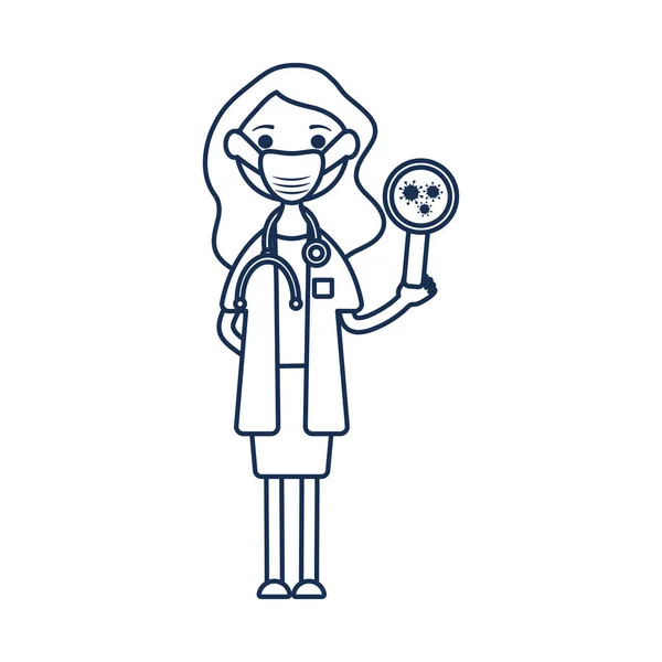 Médecin de bande dessinée femme avec masque buccal et loupe avec virus, style plat — Image vectorielle