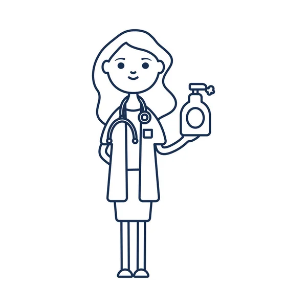 Médico mulher segurando um ícone de garrafa de gel antibacteriano, estilo plano —  Vetores de Stock