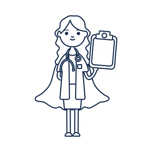 Ήρωας γιατρός γυναίκα κρατώντας ένα εικονίδιο πρόχειρο, στυλ γραμμή — Διανυσματικό Αρχείο