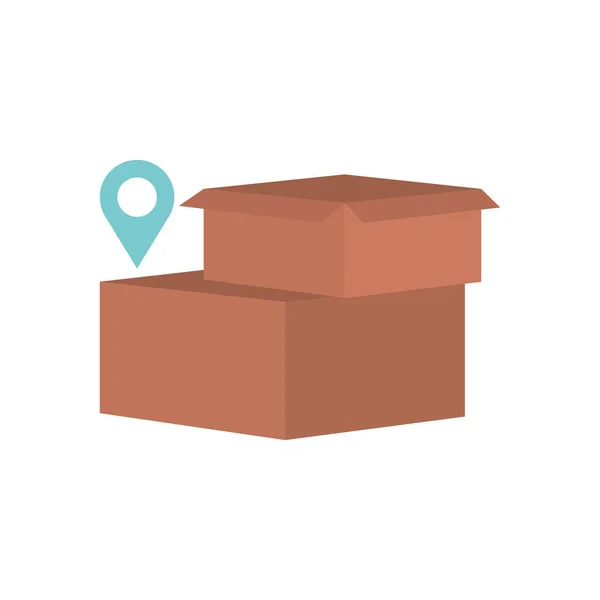 Cajas y ubicación pin icono, estilo plano — Vector de stock