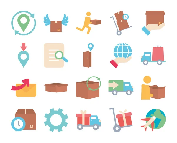 Location pins and fast delivery icon set, flat style — Stock Vector