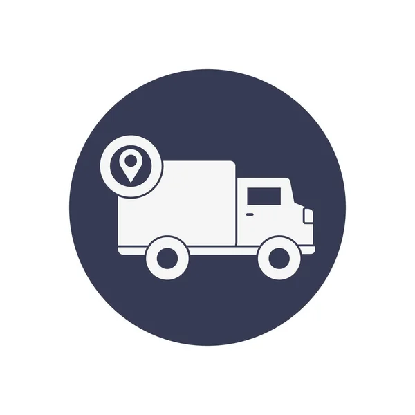 Location pin and cargo truck icon, block style — Stock Vector