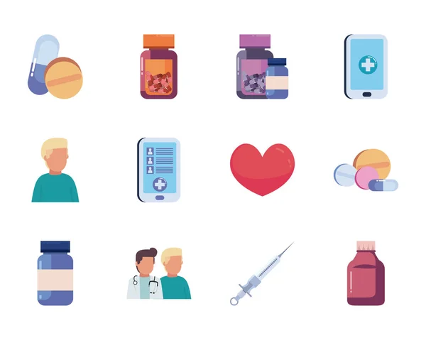 Salud en línea y atención médica estilo plano icono conjunto vector de diseño — Vector de stock