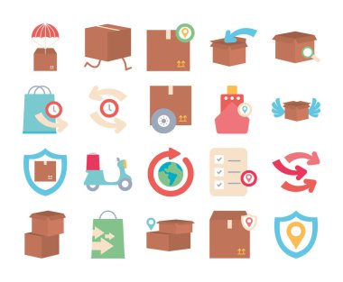 paketler ve dağıtım simgesi seti, düz biçimli