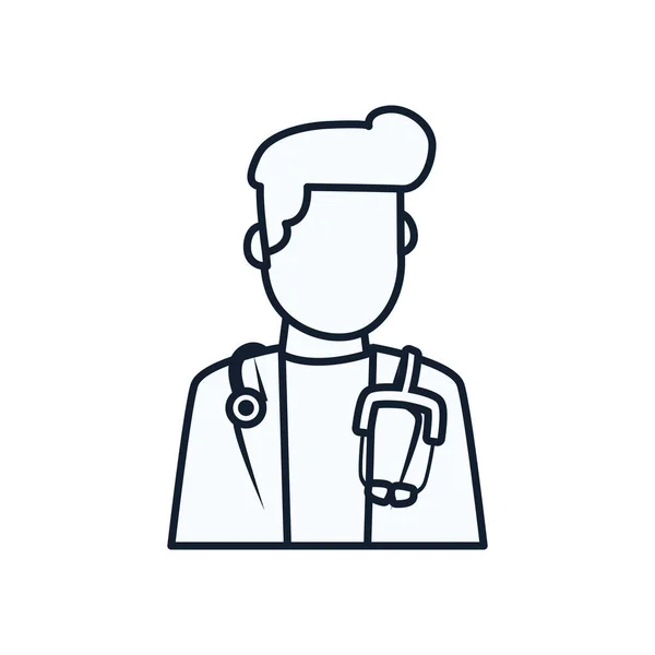 Homme médecin avec stéthoscope ligne style icône vectoriel design — Image vectorielle