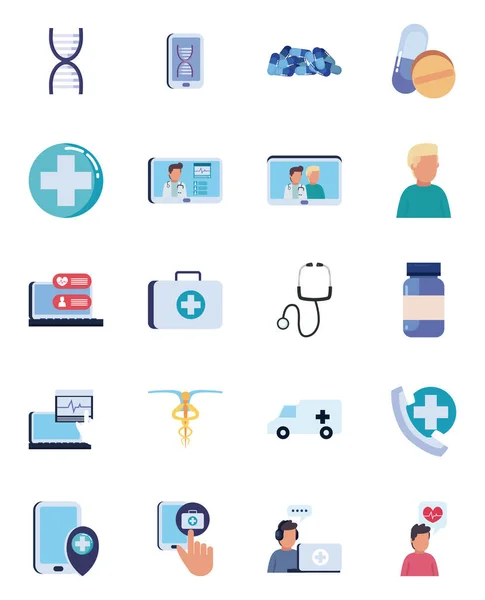 Здоров'я онлайн та медична допомога Плоский стиль набір іконок Векторний дизайн — стоковий вектор