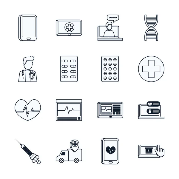 Saúde on-line e cuidados médicos linha estilo ícone conjunto vetor design — Vetor de Stock