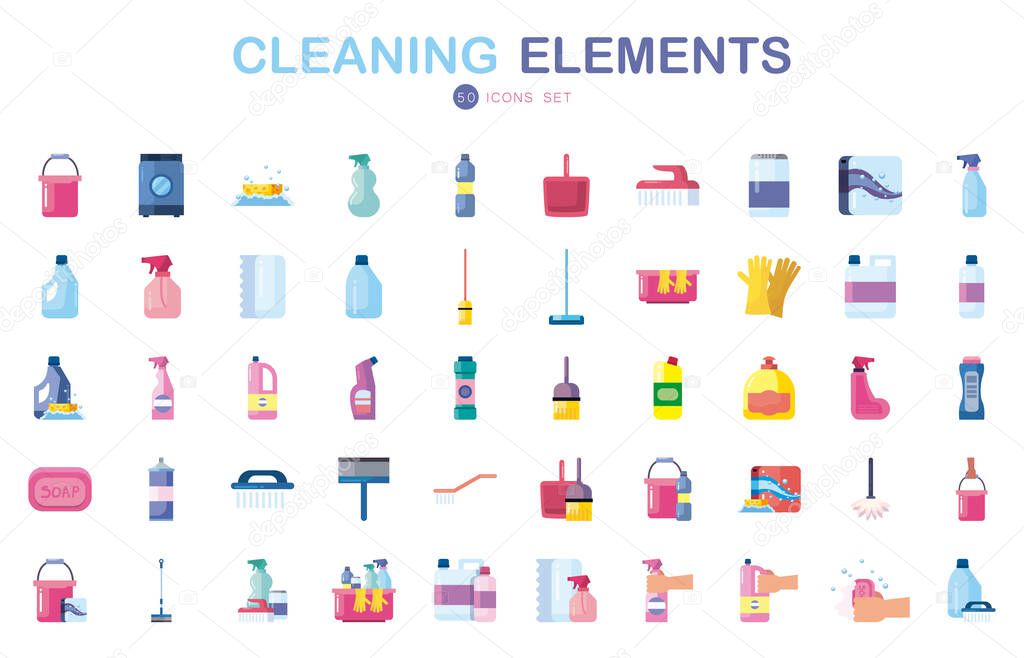 50 Cleaning service flat style icon set vector design