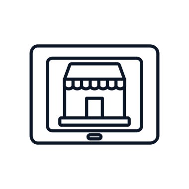 Alışveriş çevrimiçi konsepti, ekranda depolama simgesi olan tablet, satır biçimi