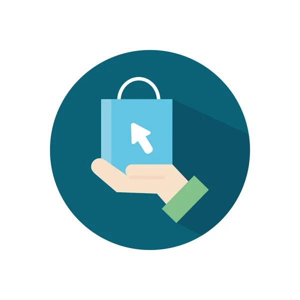 Concepto de compras en línea, mano sosteniendo una bolsa de compras con icono de cursor, estilo de bloque — Vector de stock