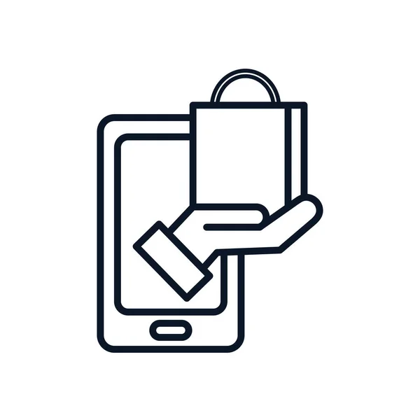 Concepto de compras en línea, smartphone y mano sosteniendo un icono de la bolsa de compras, estilo de línea — Vector de stock