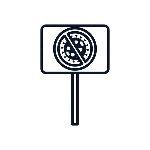 Концепция остановки covid19, дорожный знак с запрещающим знаком с символом коронавируса, стиль линий — стоковый вектор