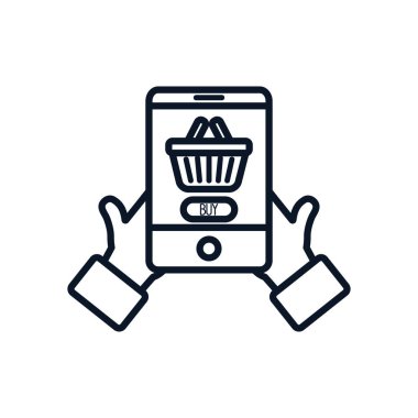 Çevrimiçi alışveriş kavramı, ekranda süpermarket sepetinin simgesi olan akıllı telefonu tutan eller, satır tarzı