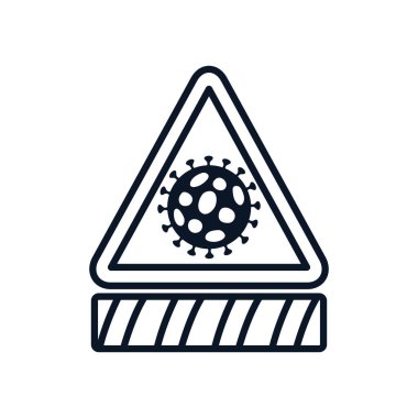 Covid19 kavramını durdur, tehlike bandı ve koronavirüs sembollü uyarı işareti, çizgi tarzı