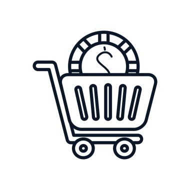 Online alışveriş konsepti, para ikonu olan süpermarket tramvayı, çizgi tarzı