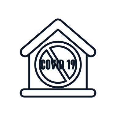 Covid19 kavramını durdur, Coronavirus sembollü, çizgi biçimli, yasaklı işareti olan ev