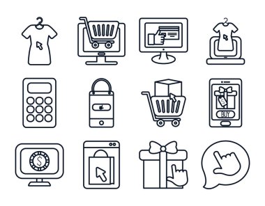 hesap makinesi ve alışveriş çevrimiçi simge seti, satır biçimi