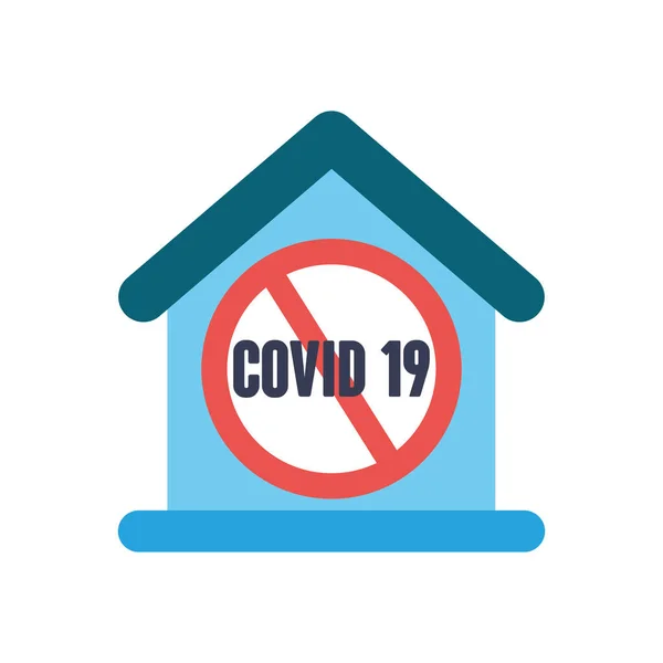 Stop covid19 concept, maison avec panneau interdit avec icône symbole coronavirus, style plat — Image vectorielle