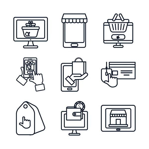 Technologie-Geräte und Online-Shopping-Icon-Set, Linienstil — Stockvektor