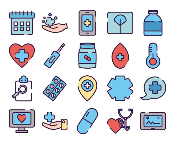 Zestaw ikon pogotowia i opieki zdrowotnej, kolor linii — Wektor stockowy