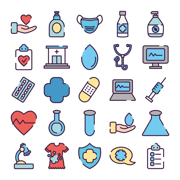 Kolby chemiczne i zestaw ikon opieki zdrowotnej, kolor linii stylu — Wektor stockowy