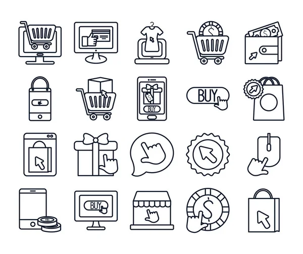 Smartphones und Online-Shopping Icon Set, Linienstil — Stockvektor