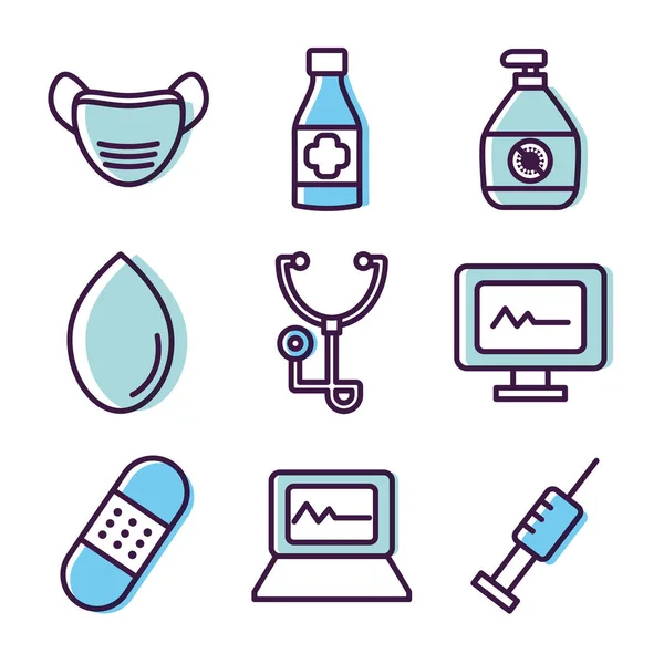 Monitores e conjunto de ícones de cuidados de saúde, estilo de cor de linha — Vetor de Stock