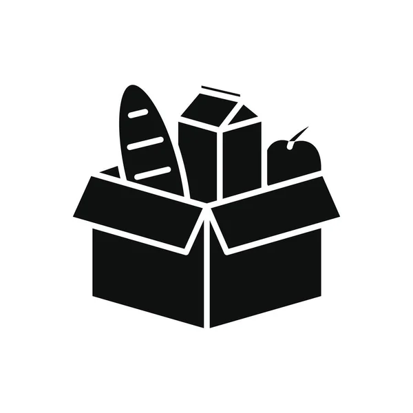Concetto di beneficenza e donazione, scatola con icona di prodotti di graocery, stile silhouette — Vettoriale Stock