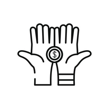 Hayır işi ve bağış konsepti, para madeni para ikonu ile eller açık, çizgi tarzı