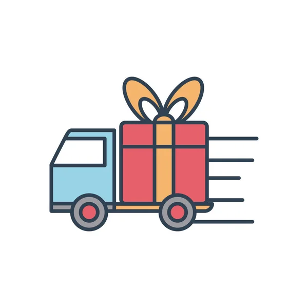 Concept de livraison rapide, camion cargo avec icône de boîte cadeau, style ligne et remplissage — Image vectorielle