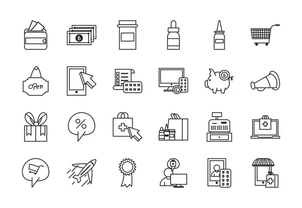 Winkelen online en medische zorg lijn stijl pictogram set vector ontwerp — Stockvector