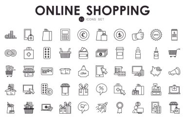 50 Alışveriş çevrimiçi ve tıbbi bakım çizgisi biçim vektör tasarımı