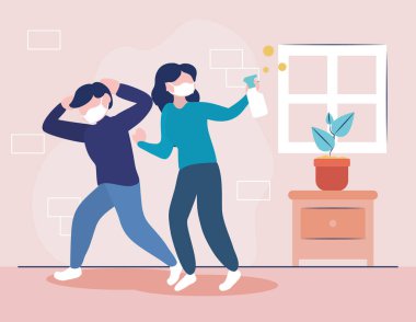 Kadın ve erkek sprey şişesiyle koronavirüsle savaşıyor.