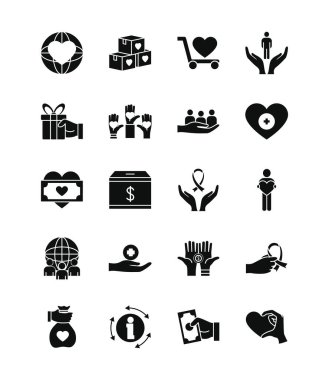 Eller ve sadaka ve bağış ikonu seti, siluet tarzı