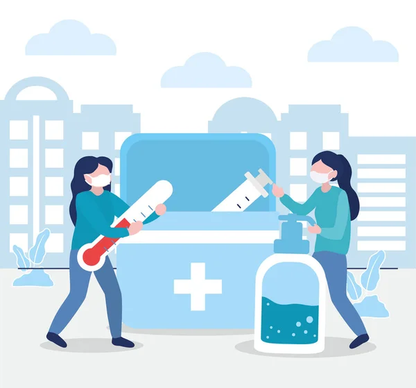 Femmes avec une grande boîte de premiers soins et des outils de médicaments, design coloré — Image vectorielle