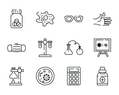 Biyoloji hücresi bilim, ilaç ve araştırma ikonu seti, satır biçimi