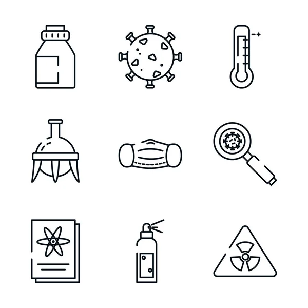 Frasco químico y conjunto de iconos médicos y químicos, estilo de línea — Vector de stock
