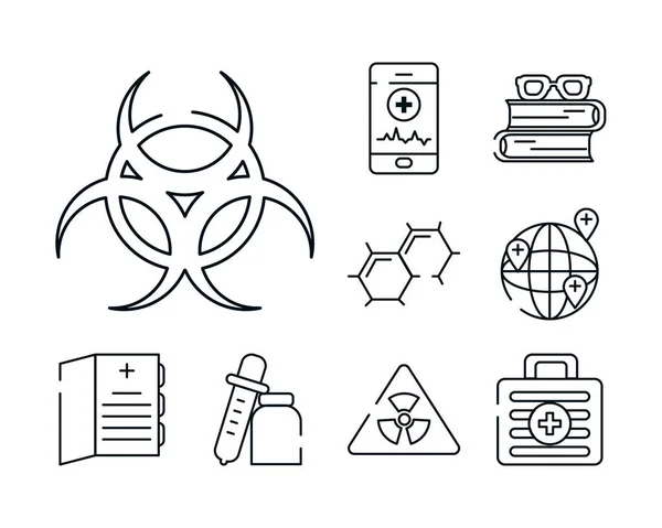 Biohazard-Symbol mit Wissenschaft, Medikamenten und Untersuchungssymbolen Set, Linienstil — Stockvektor
