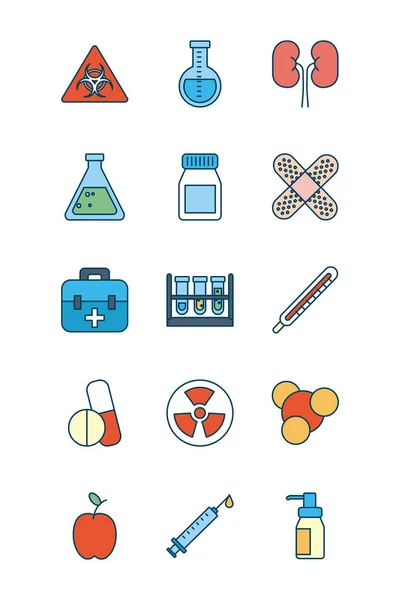 Symbole nucléaire et science et enquête icône ensemble, ligne et style de remplissage — Image vectorielle