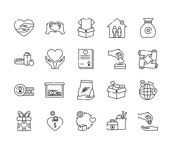 Cajas y ayuda humanitaria icono conjunto, estilo de línea — Vector de stock
