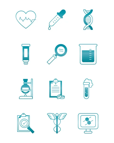 Coração cardio com conjunto de ícones médicos, científicos e de investigação, estilo gradiente — Vetor de Stock