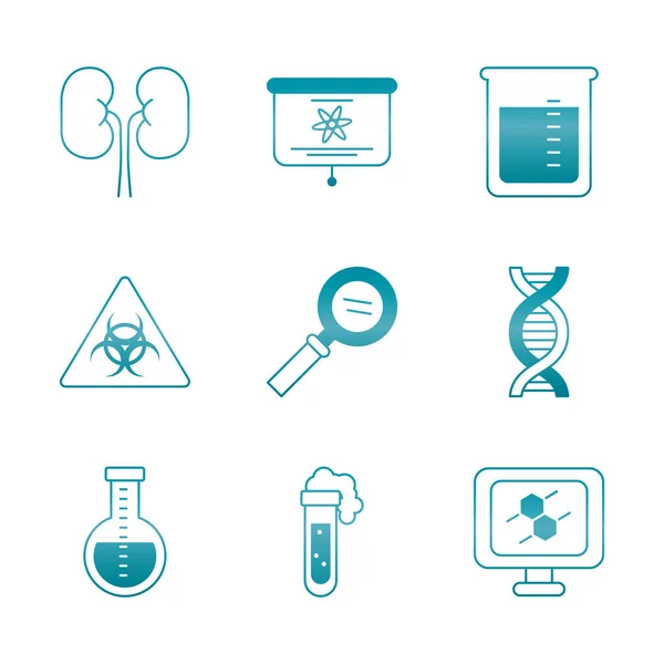 Lupa com conjunto de ícones de ciência e investigação, estilo gradiente —  Vetores de Stock