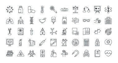 Bilim, ilaç ve araştırma simgesi seti, satır biçimi