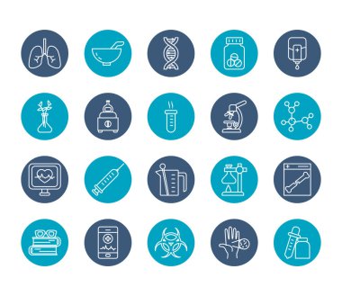 Bilim, ilaç ve araştırma ikonu seti, blok biçimi