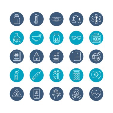 Tıbbi ve kimya simgesi seti olan şırınga, blok biçimi