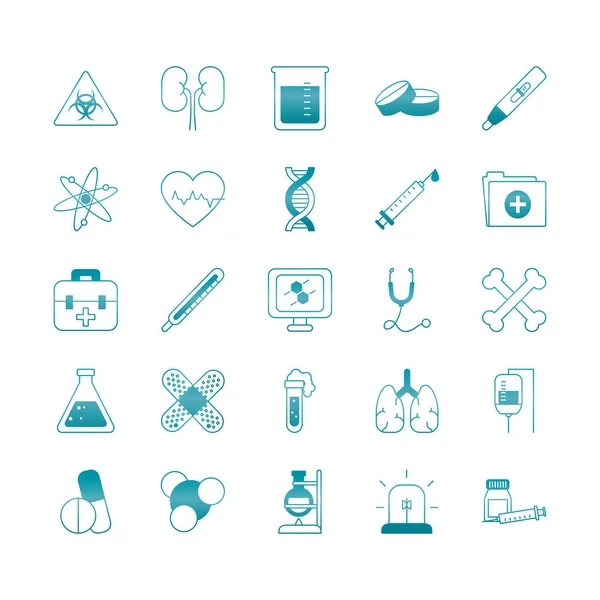 Cadena de ADN con conjunto de iconos médicos, científicos y de investigación, estilo degradado — Vector de stock