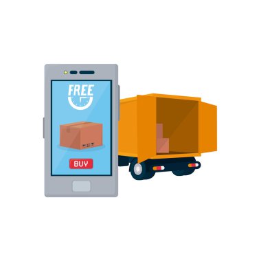 Ücretsiz teslimat kavramı, kargo kamyonu ve akıllı telefon simgesi, düz stil