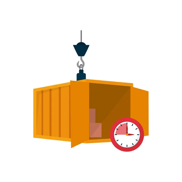 Concepto de entrega gratuita, contenedor de carga con cajas y el icono del reloj, diseño colorido — Vector de stock