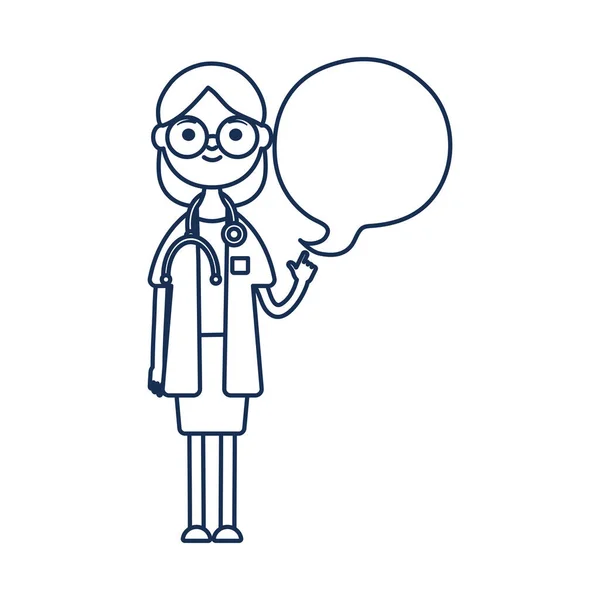 Desenho animado ícone mulher médico feliz com bolha de fala, estilo de linha — Vetor de Stock